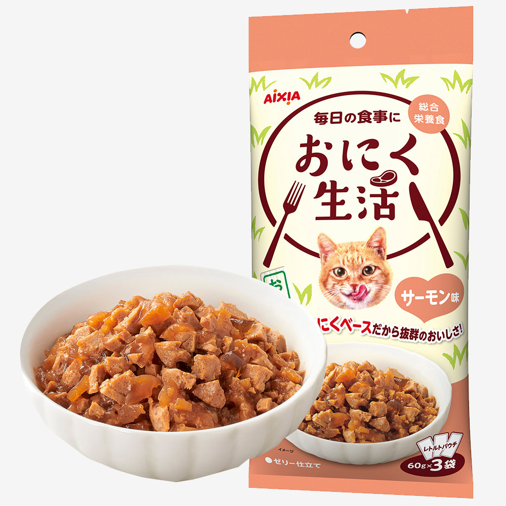 아이시아 주식 파우치 고양이 파우치 간식 고기생활 연어맛, 60g, 3개