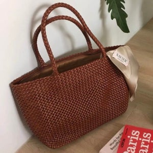 올라 소가죽 지퍼 위빙 쇼퍼백 왕골 버킷 라탄 여름 가방 we10031