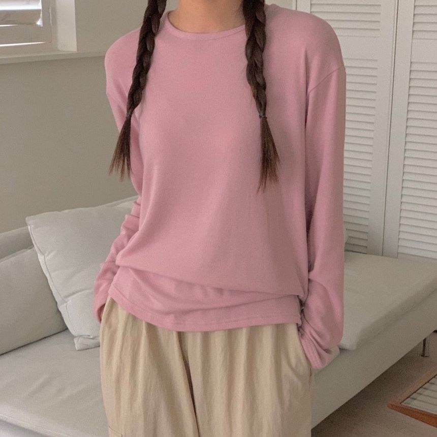 스판 골지 긴팔 티셔츠/ 간절기 가을 티 무지 루즈핏 핑크색 크림 베이지 블랙