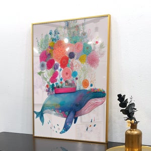 고래 그림 꽃 일러스트 아기방 어린이방 골드 메탈 액자 세로 인테리어 A3