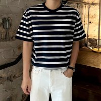 Jk 남자 데일리 캐주얼 스트라이프 루즈핏 단가라 반소매 반팔 티 티셔츠 2color