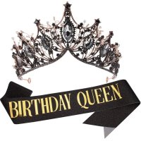 여성용 생일 티아라 퀸 크라운 새시 소녀 왕관 축하 및 블랙 장식 액세서리