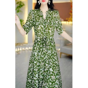 하이엔드 여성 허리끈 날씬해 보이는 웨스턴 반팔 플라워 쉬폰 롱원피스