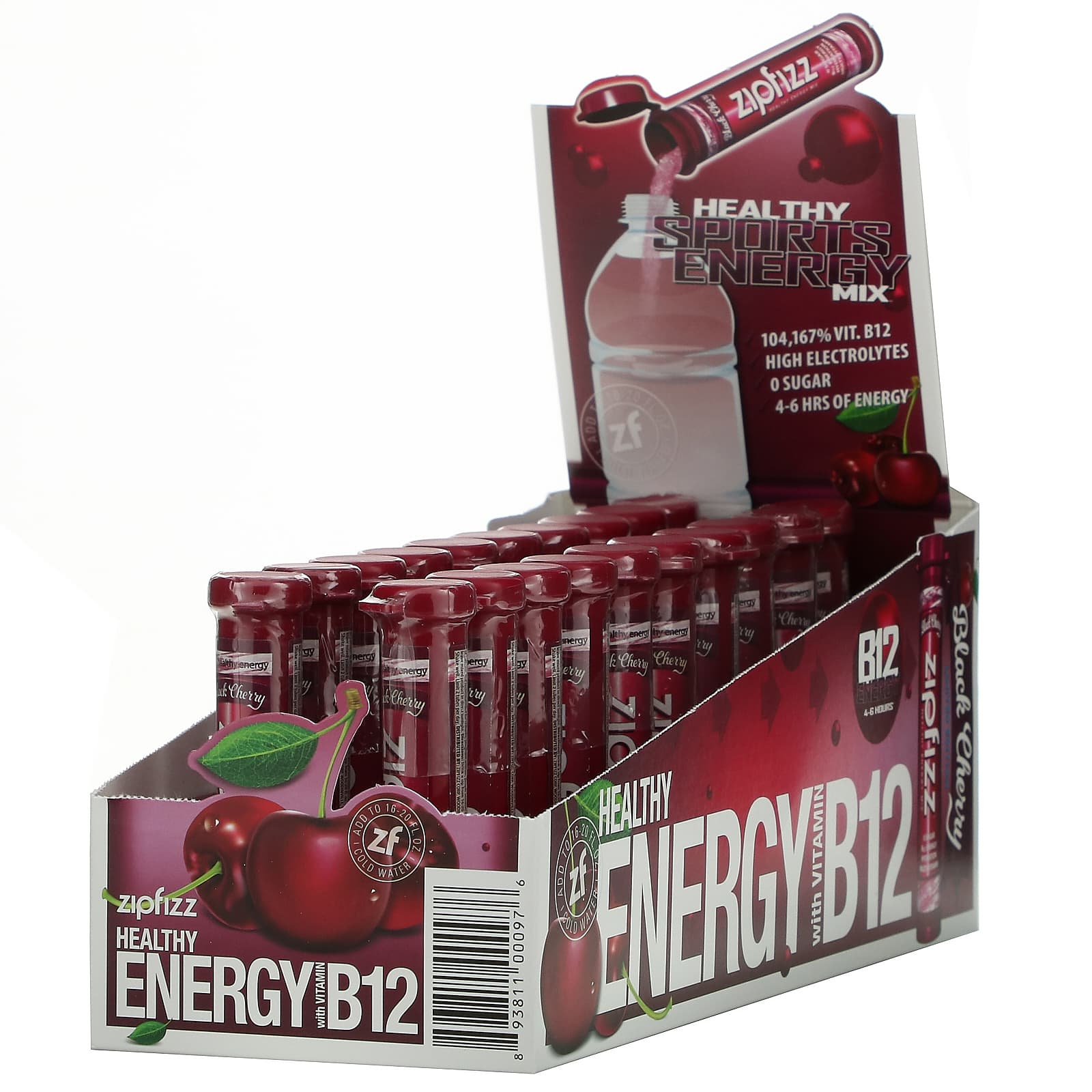 Zipfizz <b>헬시</b>스포츠 <b>에너지</b> 믹스 비타민<b>B12 블랙 체리</b> 튜브 20개입 각 11g 0.39oz