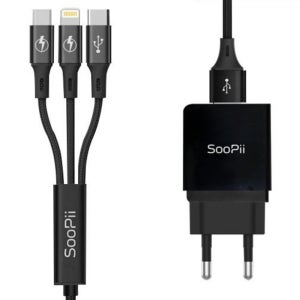 SOOPII - C타입+5핀+8핀+어댑터 QC 3.0 퀵차지18W 3A 3in1동시 멀티 고속 급속 충전 케이블 (블랙)