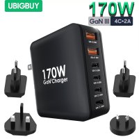 Ubigbuy USB C 고속 충전기 GaN 6 in 1 PD 100W PPS45W 충전 스테이션 맥북 프로 노트북 아이폰 14 13 갤럭시 S23 22/21 170W