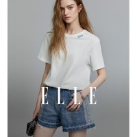 엘르 ELLE 화이트 레터링 자수 라운드넥 퓨어 코튼 티셔츠