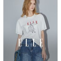 엘르 ELLE 화이트 레터링 라운드넥 순면 반팔 티셔츠