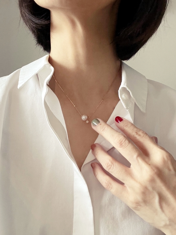 [비쥬살롱케이]아코야해수진주 8-8.5mm 상급 싱글 퍼얼 위드 꼬냑다이아몬드 2부 펜던트 댕글 로즈골드 목걸이