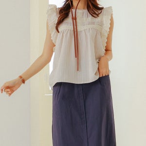 마 면 린넨 블라우스 레이스 날개 윙 자수 프릴 나시 민소매 여름 슬리브리스 플레어