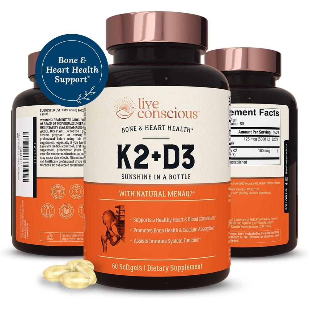 라이브컨셔스 <b>비타민 K2</b>+D3 메나퀴논 <b>Live Conscious</b> Vitamin <b>K2</b> MK7 with D3 Supplement 60캡슐