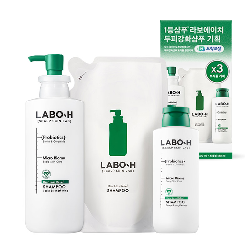 라보에이치 <b>탈모샴푸</b> 약산성 대용량 두피 비건 400ml&amp;400ml리필&amp;180ml