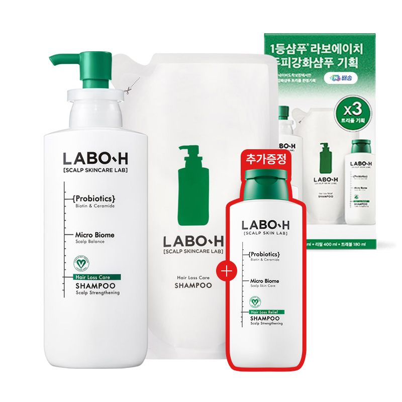 라보에이치 <b>탈모</b>샴푸 약산성 대용량 두피 비건 400ml+400ml리필+180ml