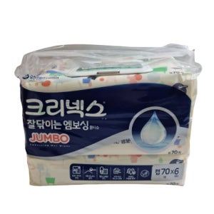 크리넥스 잘닦이는 엠보싱 물티슈 점보 캡형 70매 6입