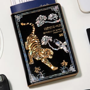 한소품 호작도 자개 여권 케이스 안티스키밍 RFID 차단 지갑 커버 파우치