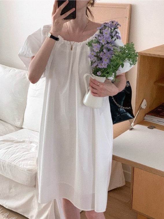 화이트 당일 뒤 리본 루즈 박시핏 볼륨 벌룬 반팔 소매 미디 원피스 3가지 컬러