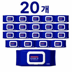 KLEAN-19 소독티슈 살균 다용도 알코올 40% 세정 물티슈 100매, 20개