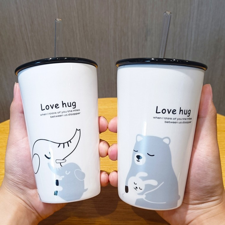 컵 한국 곰머그컵 간단한 사무실 빨대 세라믹 마시는 커피 학생 누출 밀폐 만화 <b>방지</b>