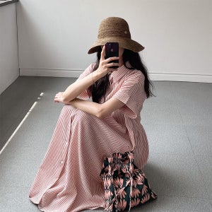 여름 원피스 지지미 스트라이프 롱 셔츠 원피스 휴양지 빅 77사이즈 바캉스룩 레드