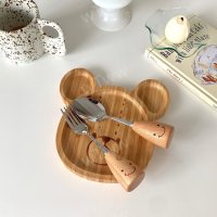 홈카페 테디베어 대나무 접시 간단한 스낵 식사 곰돌이 트레이 포크 스푼 티세트 디저트 케이크 그릇 식판 티타임
