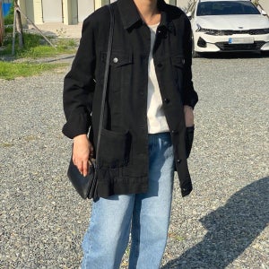 하프 블랙 데님자켓 루즈핏 흑청 여성 간절기 봄 가을