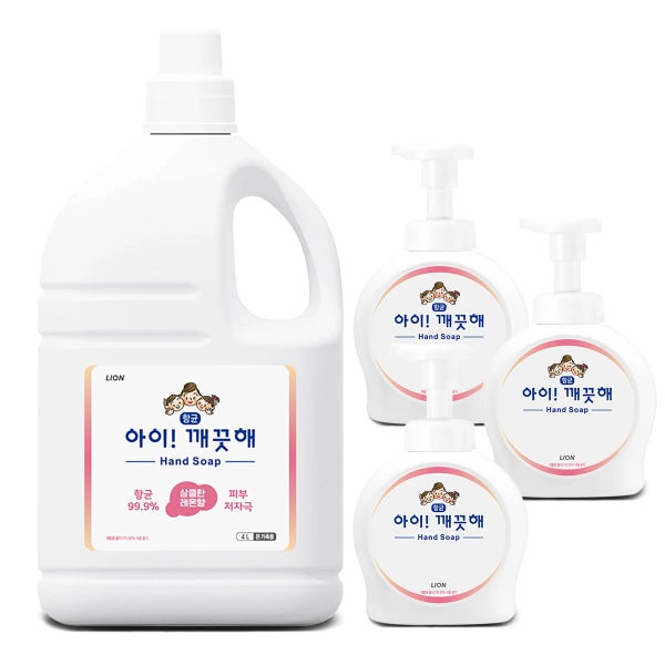 아이깨끗해 리필 대용량 핸드워시 4L+펌프용기490ml3개 거품비누 버블 핸드솝 손세정제
