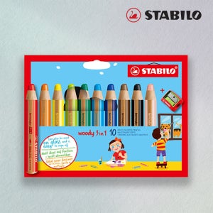 스타빌로 우디 멀티 색연필 세트(10색) 3in1 수성 크레용 유아 점보색연필 선물
