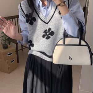 여성 브이넥 루즈핏 플라워 회색 그레이 봄 초가을 캐주얼 꽃 컬러 짧은 스웨터 레트로 꽃무늬 베이직 캐주얼 데일리 귀여운 레이어드룩 레이어드 스타일 니트 조끼
