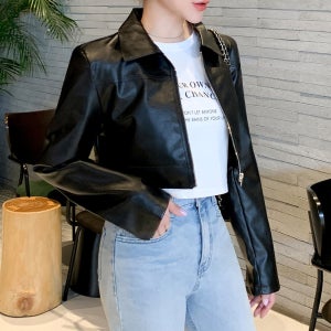 크롭 카라 집업 레더자켓 여성가죽자켓