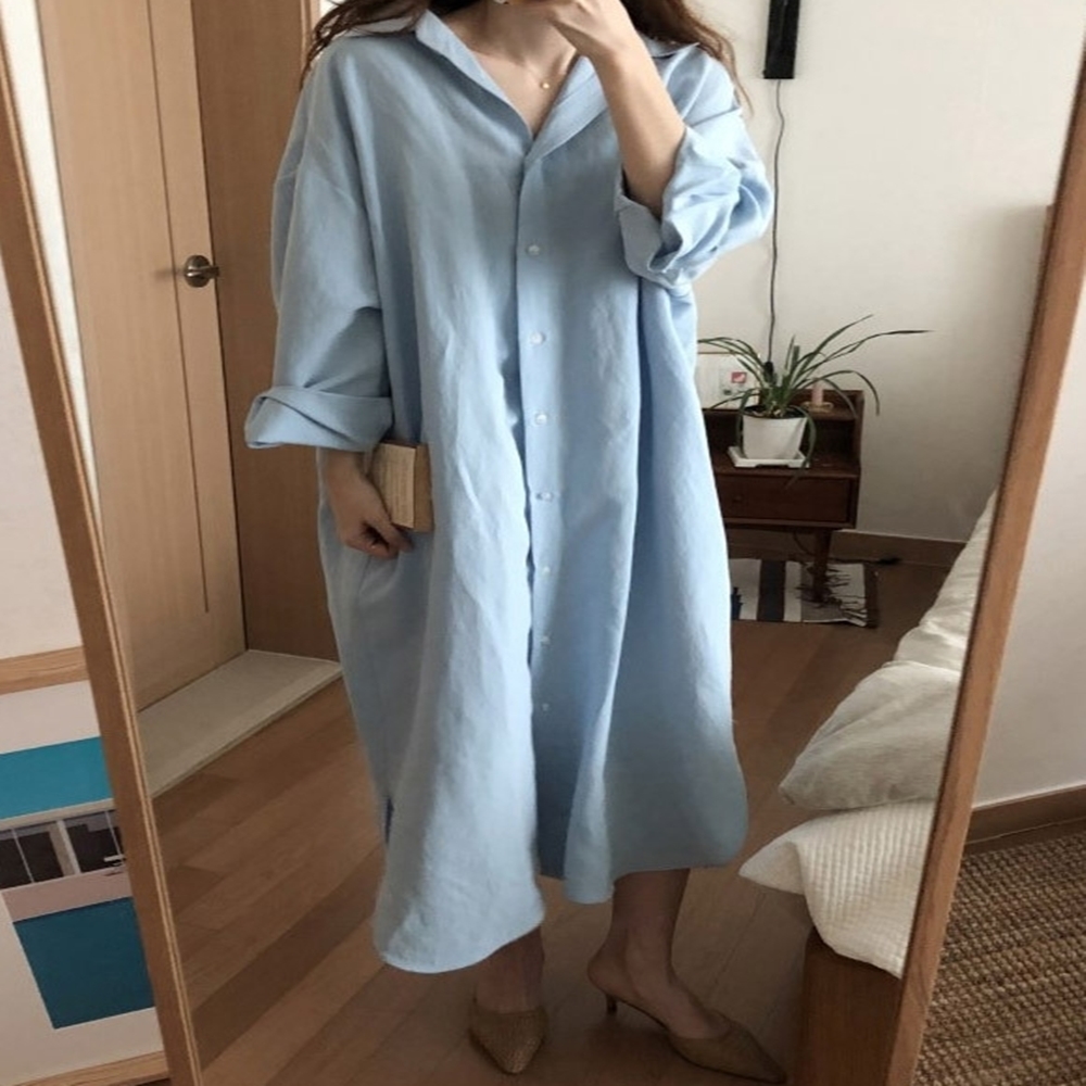 하늘색원피스 롱셔츠원피스 화이트셔츠 단정한 남방 트임 포켓