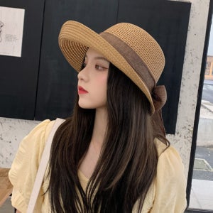 RS 여성 리본 왕골 라탄 라운드 밀짚 모자