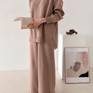 니트 셋업 라운드넥 루즈핏 니트 와이드 팬츠 투피스 세트