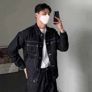 남자 논페이드 더블 포켓 생지 데님 자켓
