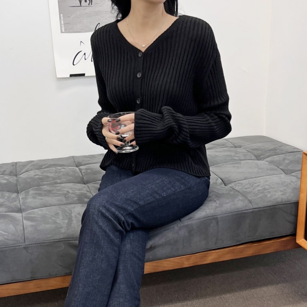 여자 가을 브이넥 단추 긴팔 골지 니트 가디건 블랙 연블루