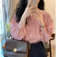 여성 슬리브 핑크 줄무늬 셔츠 긴팔셔츠 블라우스