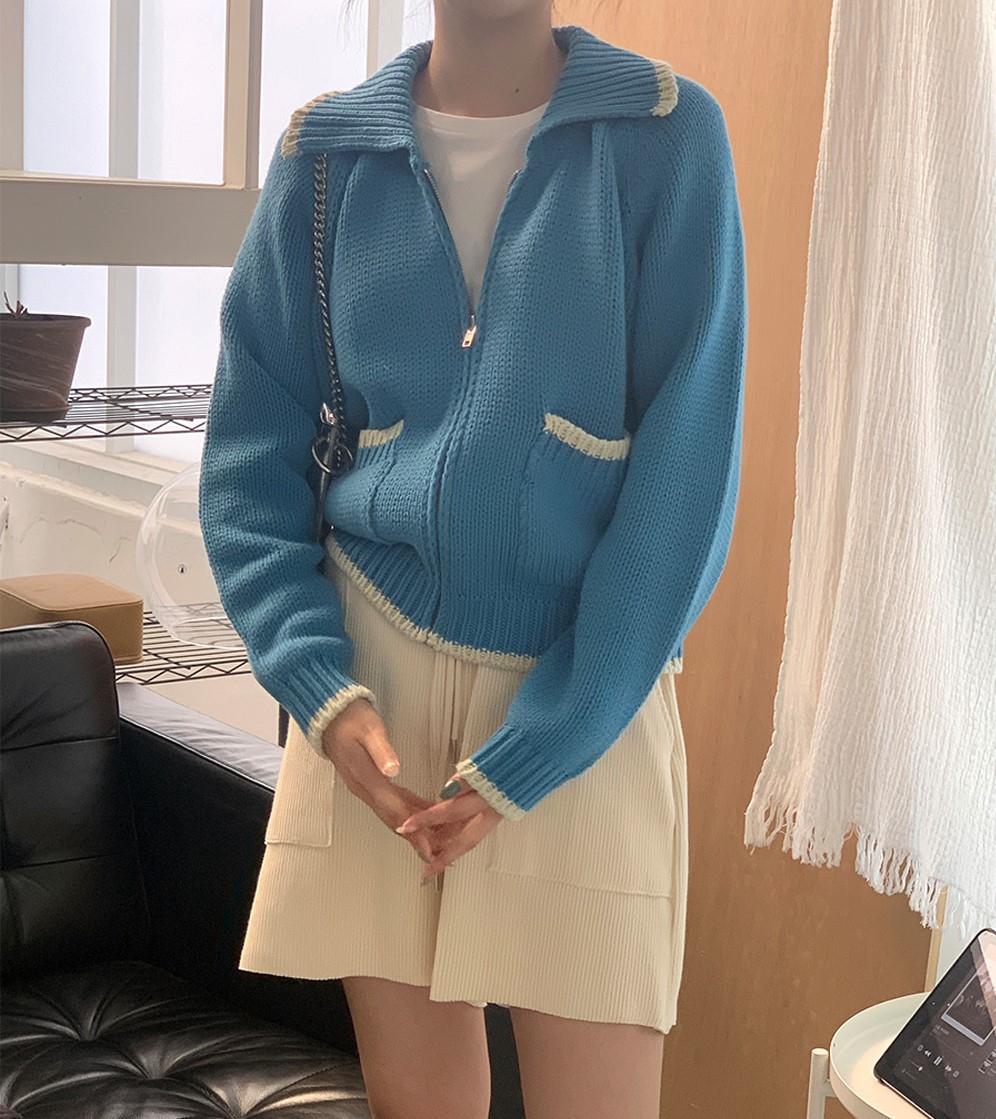 미드나잇아워 라인 카라 집업 니트 가디건 2color (ivory,blue)