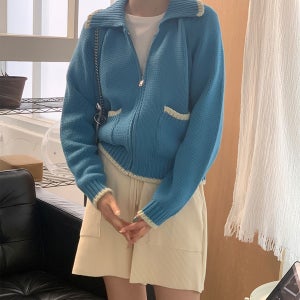 미드나잇아워 라인 카라 집업 니트 가디건 2color (ivory,blue)