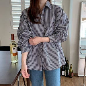 오버핏 스트라이프 셔츠 여성 셔츠 블라우스 퍼프 소매 긴팔 여자 남방 링클프리 블루 블랙