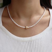 14k 골드 체크 볼 8mm 포인트 타원 진주 목걸이 (와이어ver)