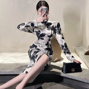 가을겨울 벨벳 미디움 빈티지 슬림 섹시 치파오 원피스