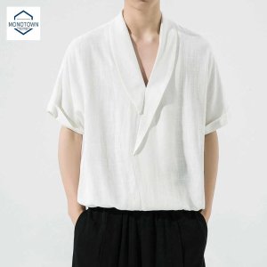 남성 개량 린넨 일본 한복 퓨전 쿵푸 셔츠 단색 생활 반팔 티셔츠 기모노 브이넥