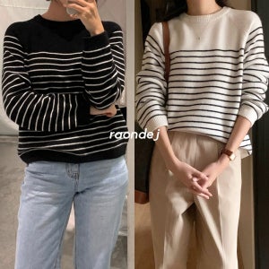 모아 보떼 울캐시 스트라이프 라운드 긴팔 니트티