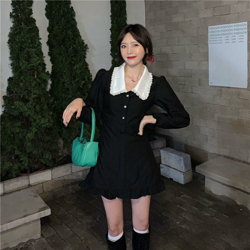 화이트 레이스 블랙 배색 프릴 카라 긴팔 원피스 키작녀 정장 하객룩