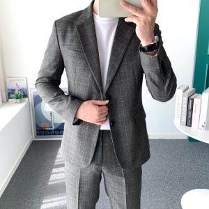 남자 캐주얼 정장 체크 자켓 세미 수트