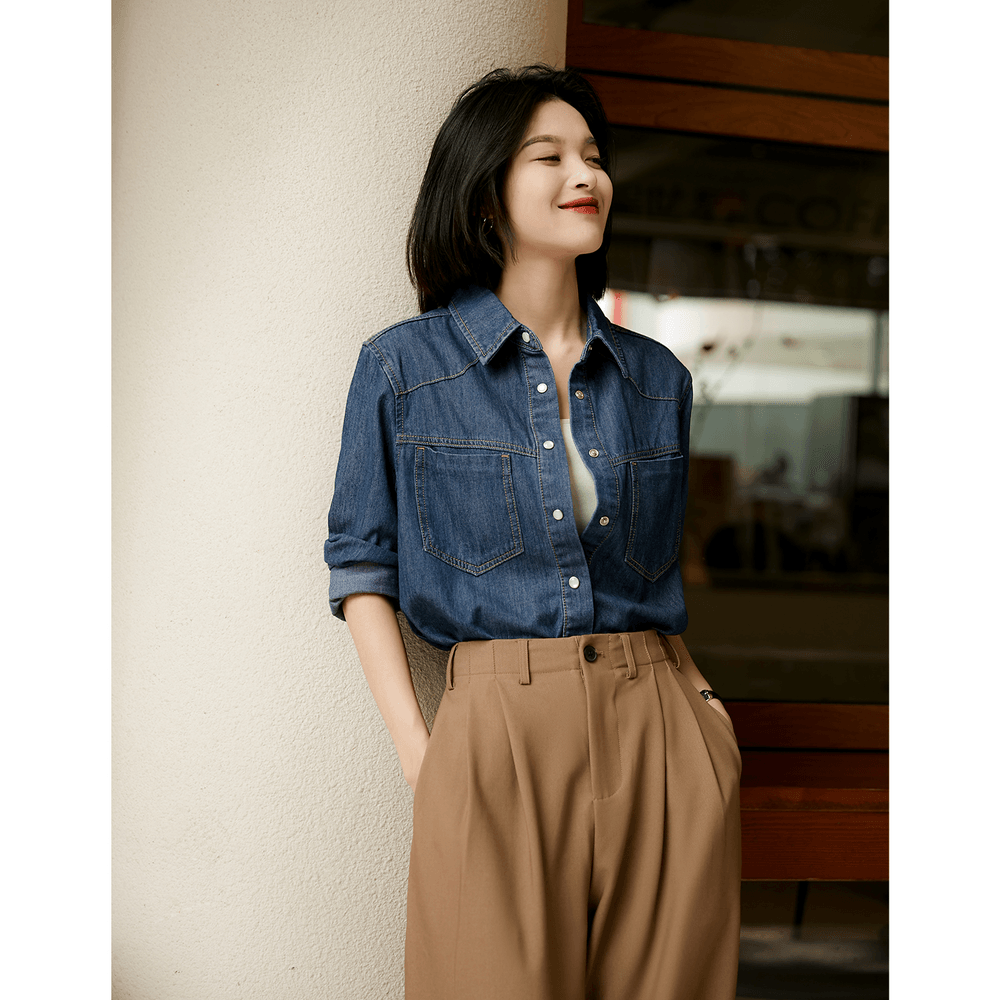 봄 가을 여 데님 셔츠 자켓 긴팔 청 블루 레귤러핏