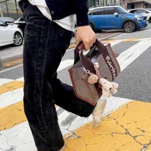 mddas 곰돌이 마르쉐 자수 여성 토트백 데일리 사각 핸드백 손가방 헤링본 미니 토드