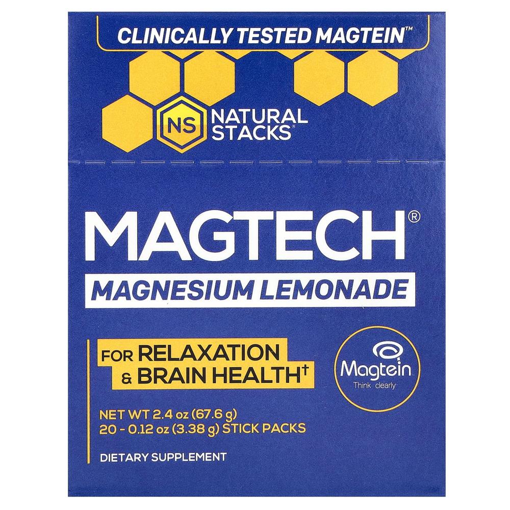 네츄럴스택스 <b>MagTech 마그네슘 드링크 믹스</b> 레모네이드 스틱팩 20개입 3.23g 0.11oz