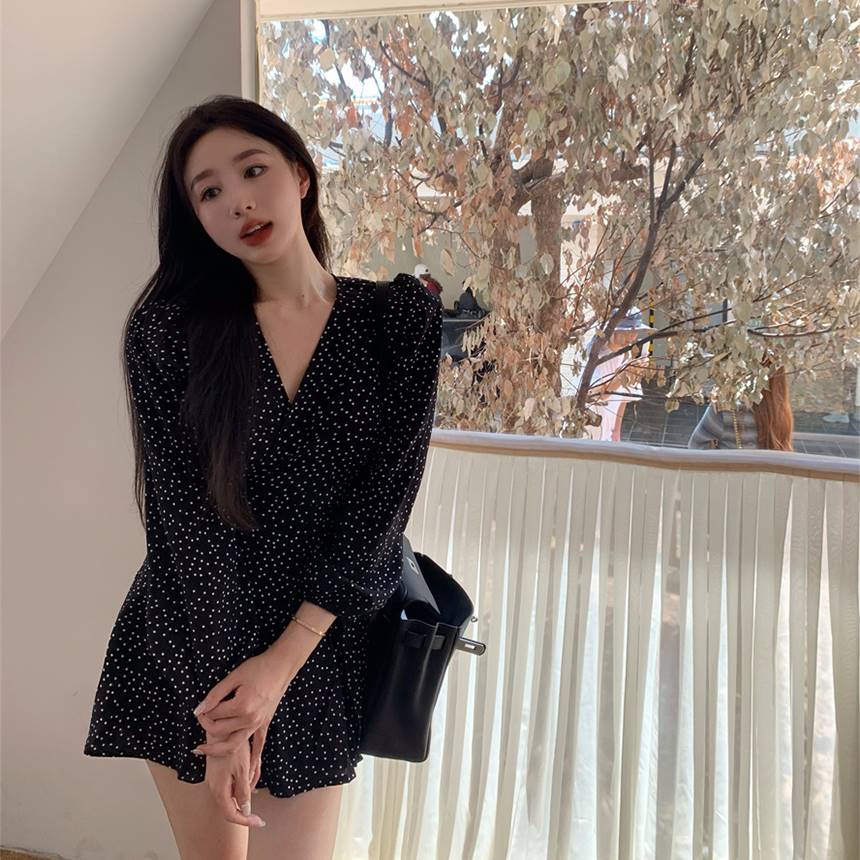 땡땡이블랙 도트원피스 랩미니원피스 단정한패션 결혼식룩 쉬폰 어깨패드