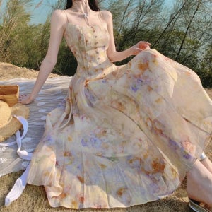 날씬해보이는 여름 휴가 꽃무늬 쉬폰 뷔스티에 비치 롱 원피스