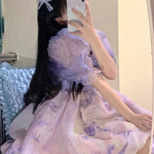 공주풍 로리타 보라색 꽃무늬 퍼프 쉬폰 미니 드레스